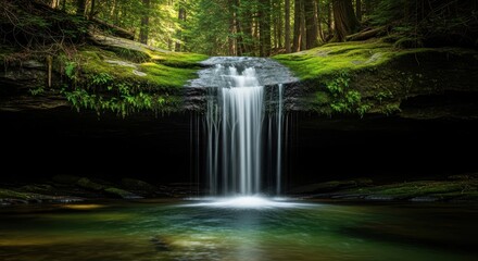 Serene Waterfall Cascading into a Lush Forest Pool.