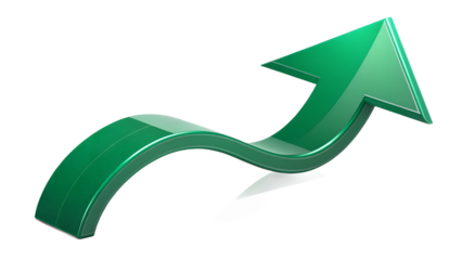 Curved glossy 3D arrow, isolated on transparent background, dynamic shadow.