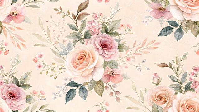 Fototapeta Delicate floral pattern soft roses and leaves