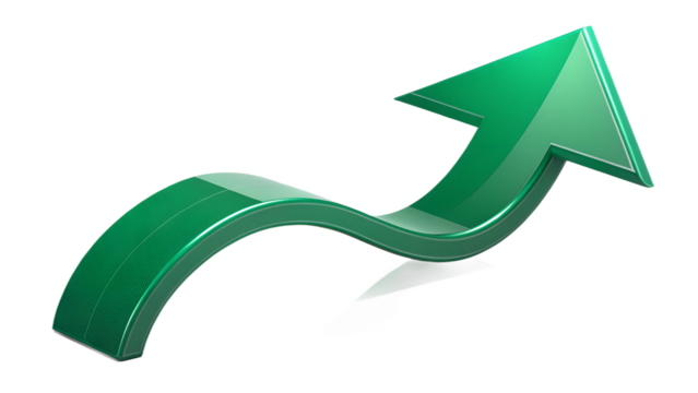 Curved glossy 3D arrow, isolated on transparent background, dynamic shadow.