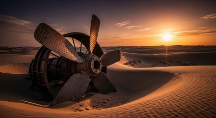 Shipwreck Propeller Washed Ashore on Sandy Beach at Sunset.