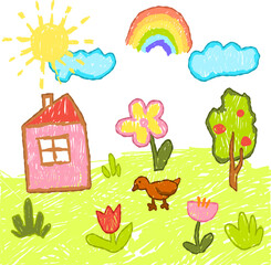 Colorful hand-drawn crayon set with flowers, clouds, and stars for Kindergarten
