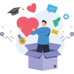 Man emerging from box with heart representing innovation&nbsp;&nbsp;flat illustration