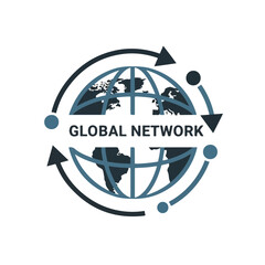 Graphic illustration of a globe with a network design and the words 'GLOBAL NETWORK' on a white background with blue and black colors.