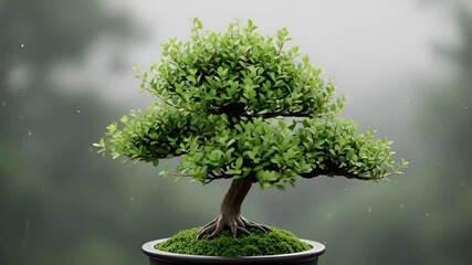 Serene bonsai tree gently swaying in soft rainfall, embodying tranquility and balance, perfect for wellness promotions, zen garden designs, and mindful living campaigns