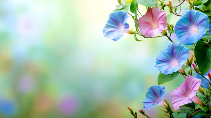 Beautiful morning glory flowers in pastel blue and pink colors on a blurred background