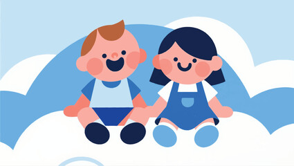 Illustration Of Two Small Children Sitting On A Cloud Vector Design Template