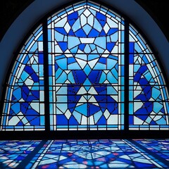 Geometric Harmony A Stained Glass Window with Blue Background