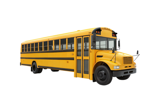 Yellow school bus, realistic 3D render, angled front three-quarter view, isolated on a transparent background