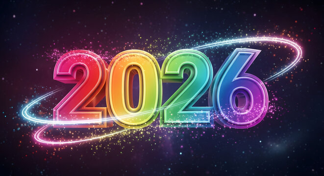 Vibrant rainbow colored 2026 numbers with swirling light trails and sparkles - Powered by Adobe