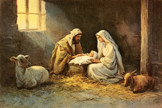 In a cozy stable, Mary and Joseph are lovingly gazing at baby Jesus, who rests in a manger. Soft light fills the room, and animals peacefully observe the holy family