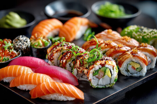 Assortment of colorful sushi rolls and nigiri on a platter - Powered by Adobe