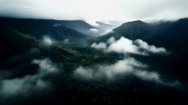 Aerial view of misty mountain landscape with dense forests and valleys, captured with a shallow depth of field to emphasize the foreground and the background.