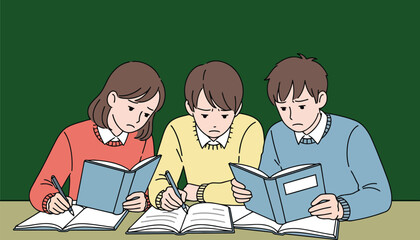 Students studying hard for exam together in classroom vector illustration with green background