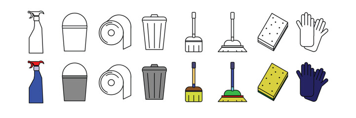 Flat Minimalist Cleaning Icon Set | Hygiene and Sanitation Symbols in Color and Outline Style