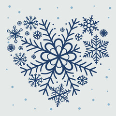 Heart shape filled with snowflakes on a light gray background with dots