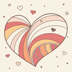 Heart shape with retro stripes and small hearts on light beige background