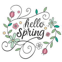 Hello spring floral design with flowers and leaves