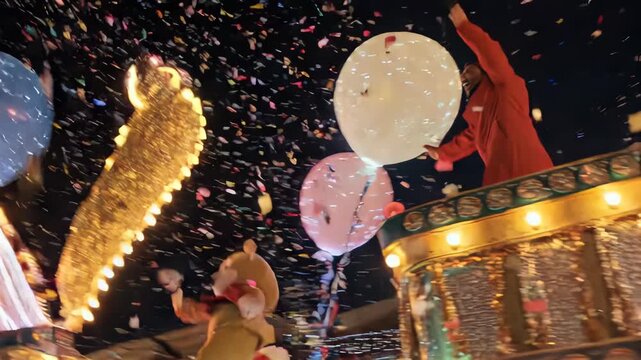 A nighttime parade float with characters and confetti raining down