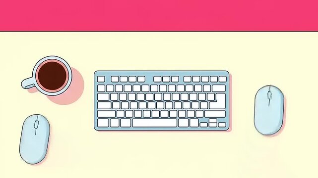 Minimalist flat lay illustration of an office desk with a keyboard, two mice, and a cup of coffee.