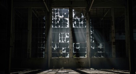 Sunlight Streams Through Broken Window Panes in Abandoned Building.