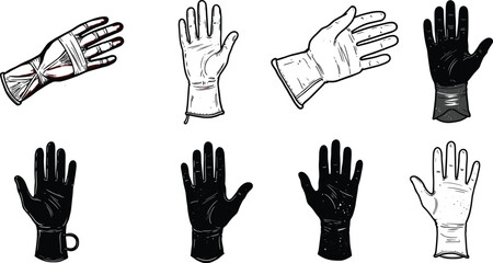 Different style hand glove vector set, black and white safety glove illustration, protective handwear silhouette design for industrial and medical use