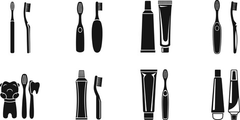 Dental hygiene icons, toothbrush and toothpaste illustrations, oral care tools, cartoon bear, electric brush, healthcare design, black white set