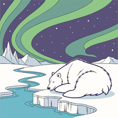 Polar bear resting on ice floe under aurora borealis at night
