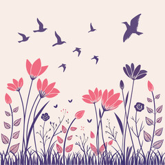 Spring flowers and birds illustration on a light pink background