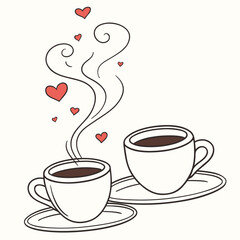 Two cups of hot coffee with heart shaped steam