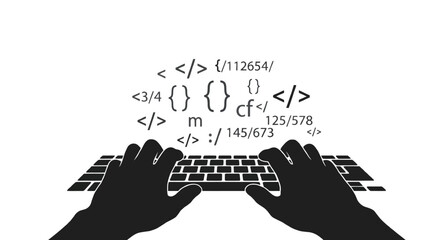 Silhouette of hands typing on a keyboard with abstract code symbols and numbers floating above