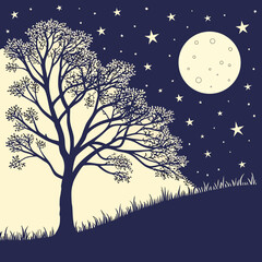 Silhouette of a tree under the moonlight with stars in the night sky