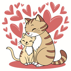 Two cute cats cuddling surrounded by hearts