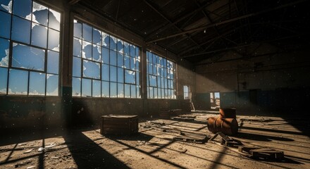Sunlight streams through broken windows of an abandoned industrial building.
