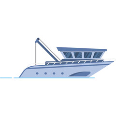 A Modern Light Blue Motor Yacht with a Crane and Large Windows Floats on Light Blue Water Under a Bright Sky