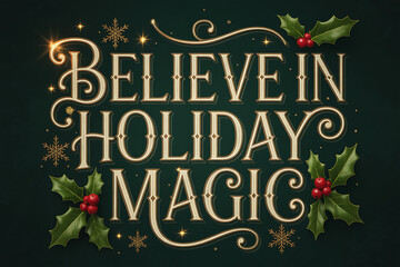Believe in holiday magic festive lettering with holly and sparkles