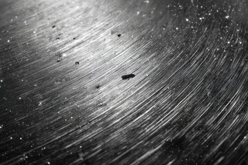 Close-up shot of a glossy vinyl record surface with visible grooves and dust particles