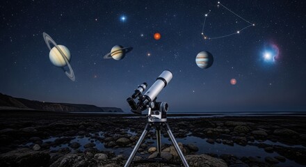 Telescope Observing Planets and Stars in the Night Sky.