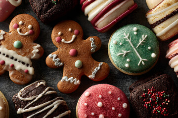 Obraz premium Variety of Christmas cookies and sweets. Top view over a dark stone background. Holiday baking concept.