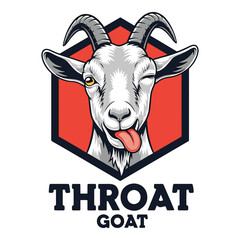 Playful winking goat with tongue out inside a hexagonal emblem featuring the text throat goat