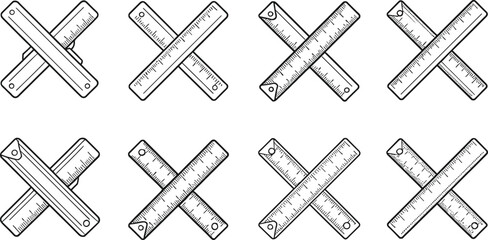 Crossed ruler icon set, measurement tool design, geometry and drafting equipment symbol, precision drawing instrument vector illustration, engineering layout