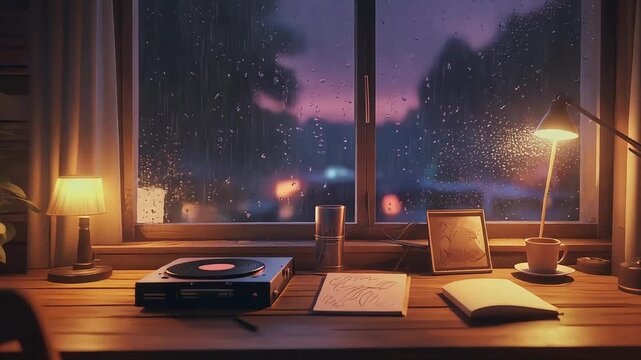 Cozy Study Room with Window View of Evening Sky and Snowfall. Virtual backgrounds loop animation for stream overlay, meditation, smooth jazz or white noise video. Cozy lo-fi background.
