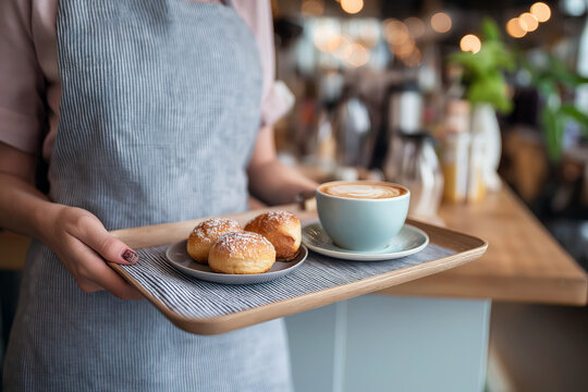 Waitress holding a tray with coffee and pastries in a trendy coffee shop - Powered by Adobe