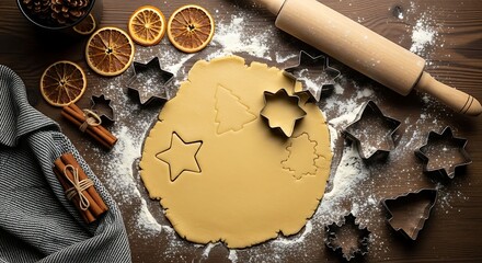 Holiday cookie dough with festive cutters on a rustic kitchen table