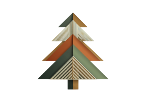 Modern geometric Christmas tree design with warm earthy tones and elegant gold accents