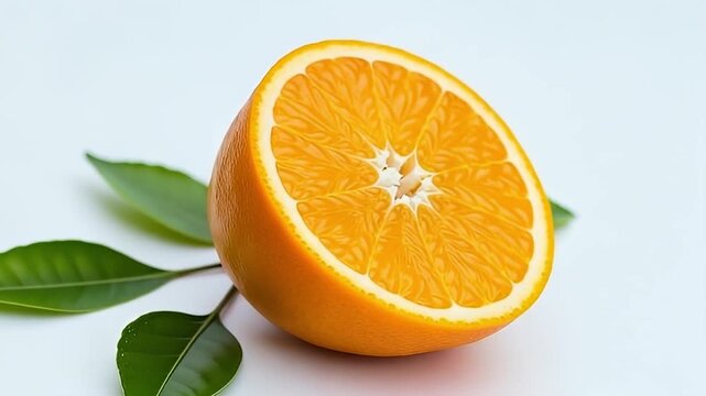 A vibrant, freshly cut citrus fruit half is displayed prominently against a clean, bright white background, accompanied by a few lush green leaves. The juicy orange segments and distinct white pith ar