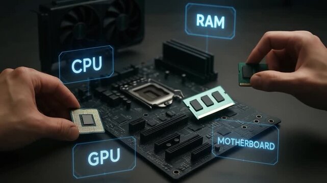 Assembling Computer Hardware Showcasing CPU, GPU, RAM, and Motherboard Technology in Precision Assembly and Innovation