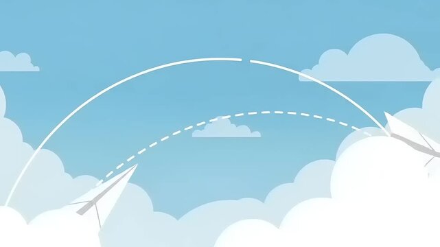 Illustration of paper airplanes flying through a blue sky with fluffy clouds, representing travel.