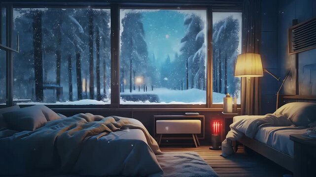 Cozy Winter Cabin Interior with Snowy Forest View and Beds. Virtual backgrounds loop animation for stream overlay, meditation, smooth jazz or white noise video. Cozy lo-fi background.