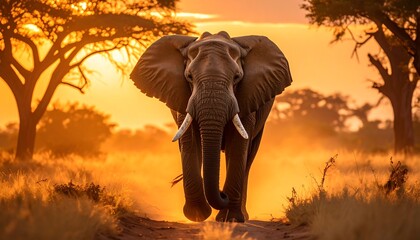 Obraz premium Majestic Elephant Walking Towards the Camera at Sunset in Africa.